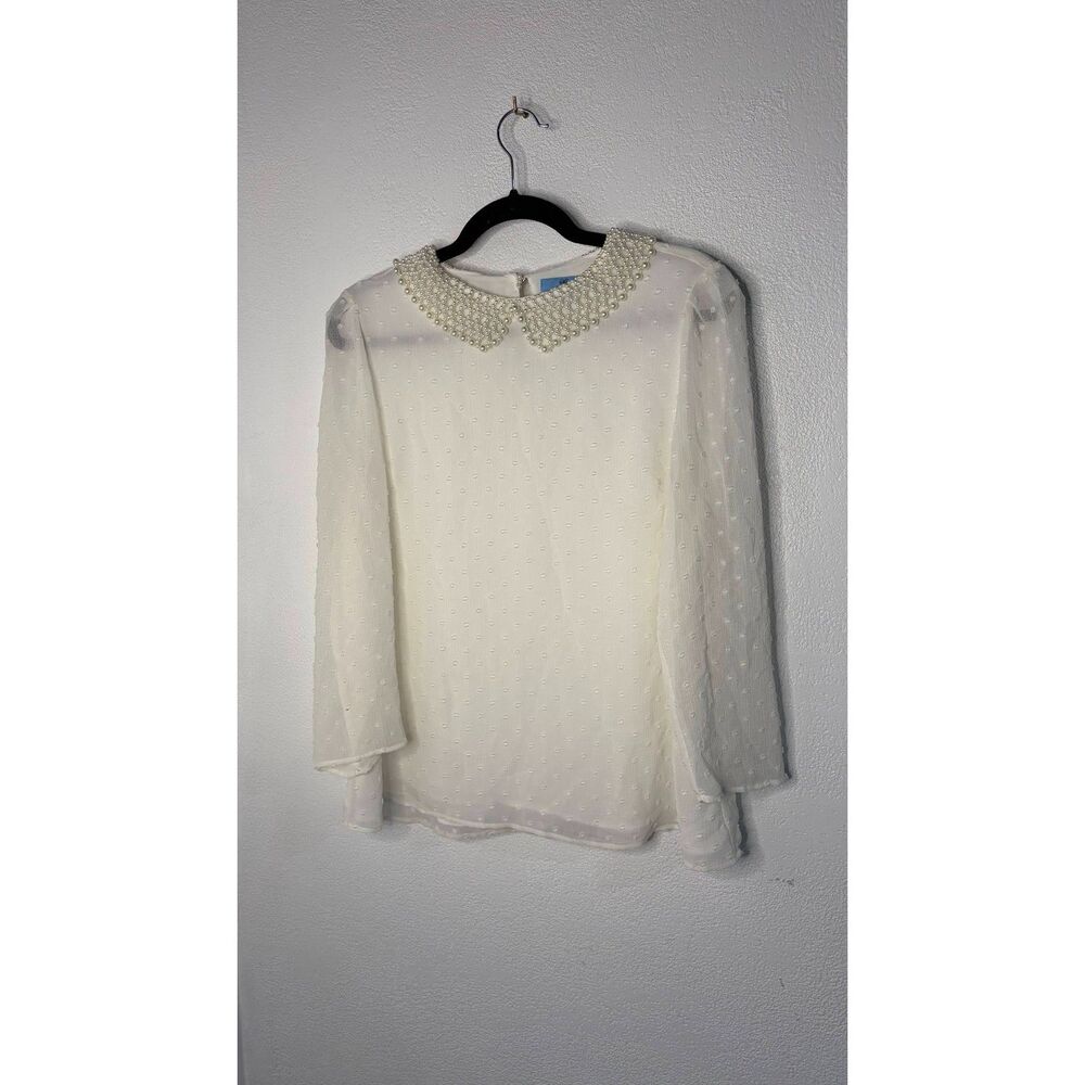 CeCe Pearl Collar Swiss Dot Blouse M White Peter Pan Collar Long Sleeve